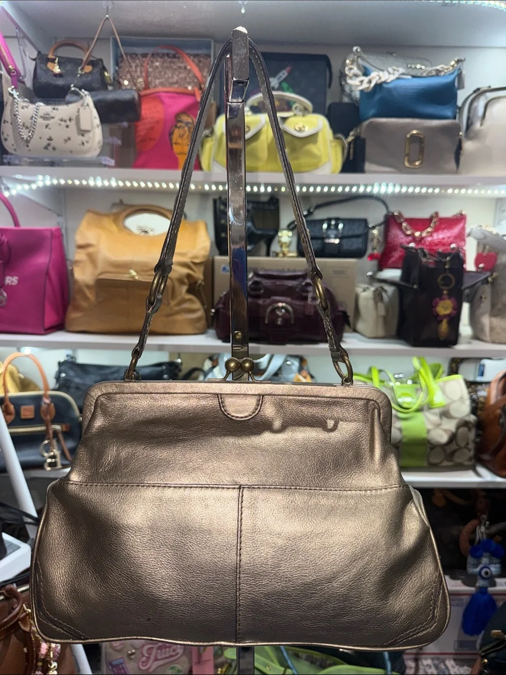 Fossil Vintage Kiss lock Metallic Bronze shoulder Bag with Front Flap Pockets